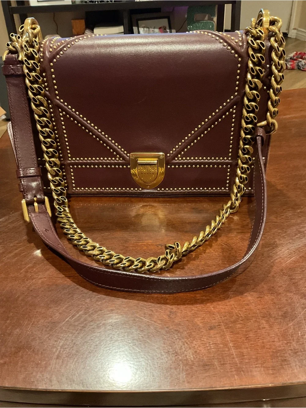 Dior Deep Burgundy Leather Crossbody with Gold Chain